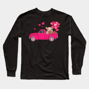 Funny Farm Truck With Pig _ Heart Balloons Valentines Day Long Sleeve T-Shirt